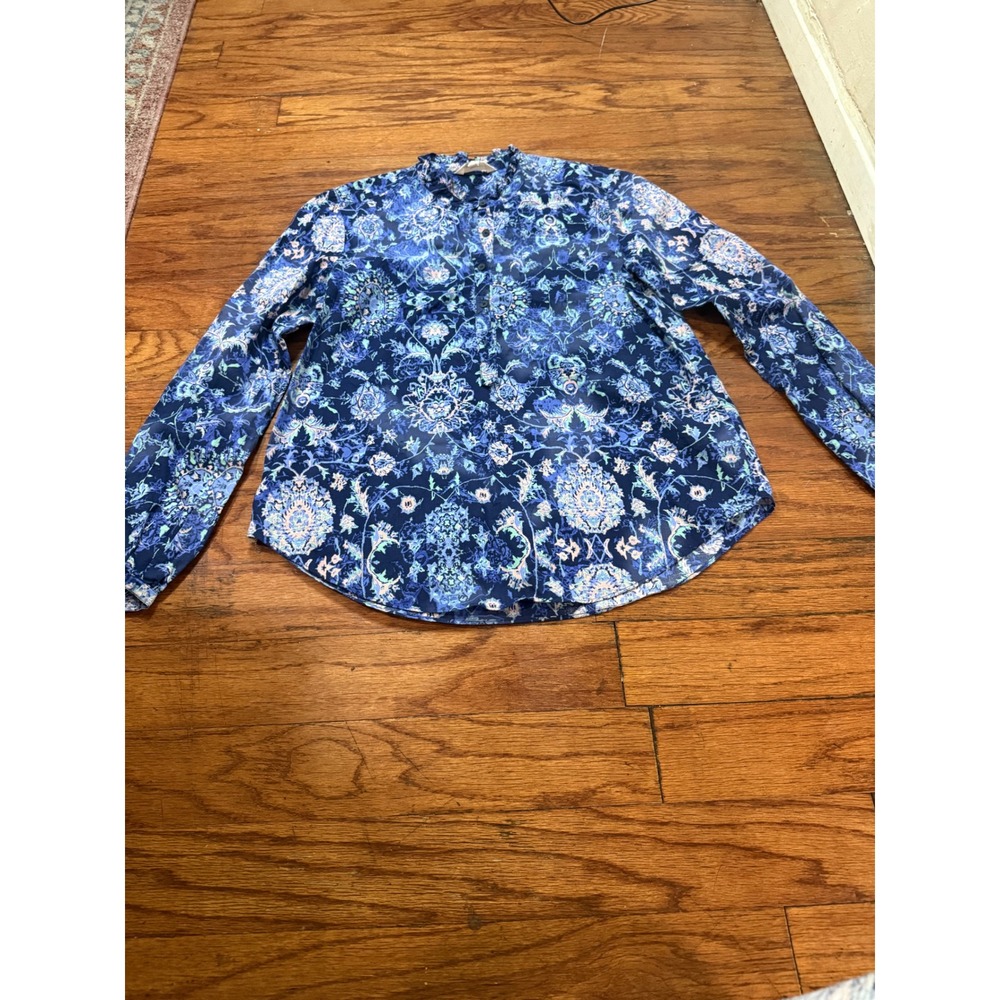 Rebecca Taylor Blue Floral Paisley Cotton Ruffle Neck Blouse Top Size‎ 2
